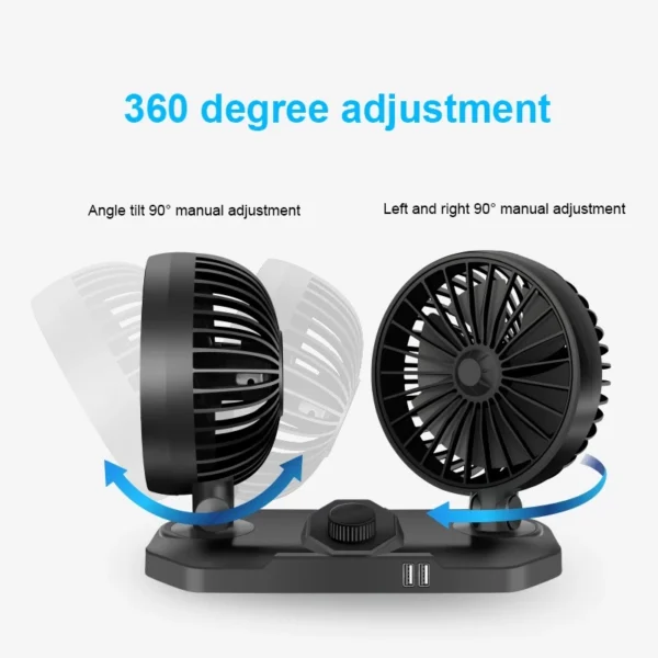 Cooling USB Vehicle Fan Double Headed Car Fan Head Shaking 360 Degree Rotation Mute